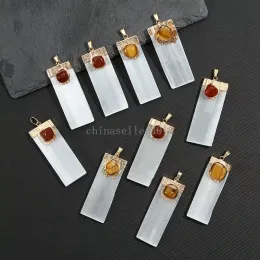 Rectangle Gypsum Plaster Raw Stone Charms Inlaid Tiger Stone Quartz Gemstone Pendants for Necklace Jewelry