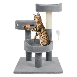 Трехъярусная кошка с когтеточкой из сизалевой веревки, 2 насестами для сна с ковровым покрытием, подвесной мышью и интерактивной игрушкой для домашних кошек от Grey