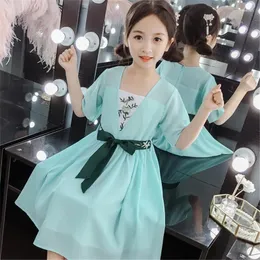 Etnik Giyim Takım Elbise Kız Yaz İşlemeli Retro Kısa Kollu Hanfu Çin Vestido Chino Mavi Yeşil