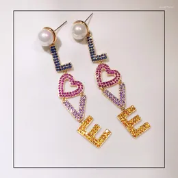 Brincos pendurados sólidos 925 gota para mulheres colorido zircônia cúbica "amor" design de letras sentido joias finas casamento bijuterias de noiva