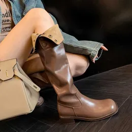 2023 New Square Headed Thickened Heels, Small Fold Over Long Boots, Slim Fit, Large Sleeve, Brown Knight Boots 231026