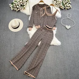 Women s Two Piece Pant Sweater Pant Set Casual Camisole Cardigans Suits Autumn Winter Knitted Plaid Long Sleeve Elegance Top Elastic Sweaterpants 231025