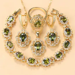 Wedding Jewelry Sets 10Colors Cubic Zirconia Women Accessories Gold Plated Olive Green Zirconia Charm Bracelet And Ring Jewelry Sets 231025