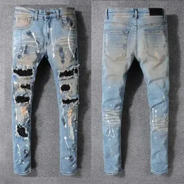 Mens Jeans Classic Hip Hop Pants Stylist Distressed Ripped Biker Jean Slim Fit Motorcycle Denim trousers260E