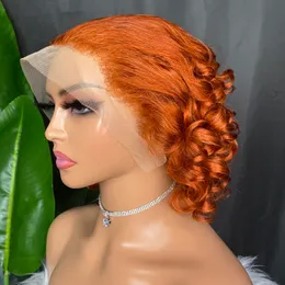 Malaio brasileiro peruano indiano 100% cru remy cabelo humano laranja onda solta 13x4 peruca de renda transparente peruca curta frontal