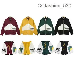 Rhude Felpa con cappuccio 2023 Tidy Rhude Color Block Hip-Hop Giacca con colletto alla coreana Stampa lettera Cardigan Cappotto con cerniera Giacca a vento a contrasto da uomo e da donna con cappuccio QUD3