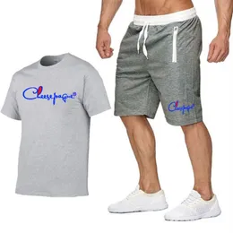 Tracksuit Men 2021 Summer Short Sleeve غير الرسمي بنسبة 100 ٪ من القطن شورت Shirt Mens Sweatsuit 2pc Tee Tops Sweatpant Male set2705