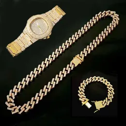Наручные часы Iced Out Часы для мужчин и женщин Хип-хоп Майами Кубинская цепочка Большая золотая цепочка Ожерелье Браслет Ювелирные изделия со стразами Bling Мужские часы Набор 231025