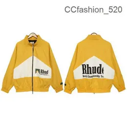 Rhude Hoodie 2023 Tidy Rhude Color Block Hip-hop Stand Collar Jacket Letter Printing Cardigan Zipper Coat Men's and Women's Contrast Windbreaker Hooded 6FDT