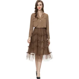 Women's Runway Designer Two Piece Dress Turn Down Collar Long Sleeves Blazer with A Line Tiered Ruffles Skirt Twinsets