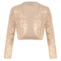 Damen-Leder-Kunstleder GRACE KARIN Damen-Bolero mit Pailletten, 34-Ärmel, vorne offen, abgeschnittener Bolero für Kleid, elegante Dame, Spitze, glitzernde Party-Crop-Jacke, A3 231026