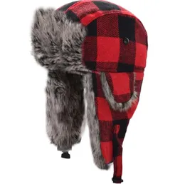 Мужские и женские зимние шапки, теплая унисекс, модная шапка-ушанка с решетчатой принтом и плюшевой подкладкой, шапка-ушанка