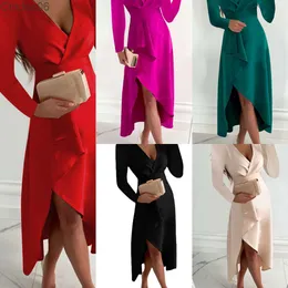 Partihandel Autumn Winter Dresses For Woman Long Sleeve V-Neck Crinkle Hem Split Dress Sexig Robe Elegant Vestido Outfits Clothing for Women