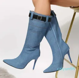 Women Thin Heel Western Denim Boots Pointed Head Belt Buckle Middle Large