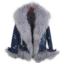 Parka da donna in piumino Lana naturale foderata con lussuoso collo in pelliccia di lana cappotto in denim giacca invernale in pelliccia corta moda casual calda 231025