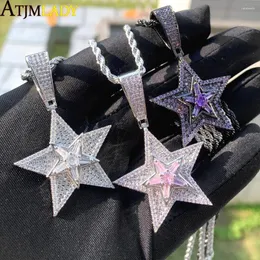 Ketten Drehbare Fünfzackige Sternanhänger Iced Out Bling Zirkonia Mehrschichtige Spinning Charm Halskette Hip Hop Cooler Schmuck