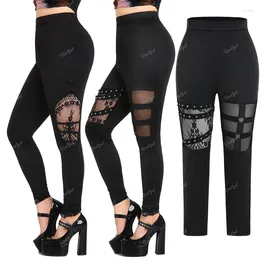 Женские брюки ROSEGAL, большие размеры, готические кружевные вставки, сетчатые заклепки, черные женские сексуальные леггинсы, узкие брюки Mujer 4XL