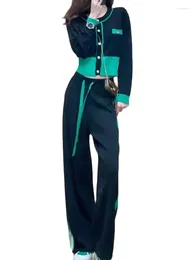 Frauen Zwei Stück Hosen Casual Stricken Set Einreiher Kontrast Farbe Strickjacke Hohe Taille Breite Bein 2023 Mode Kleidung