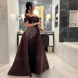 Boat Neck A Line Prom Dresses Leaf Beading Off the Shoulder Formal Party Gown Floor Length Satin Arabic Dubai Evening Wear