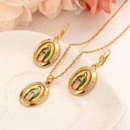 Madre leal Virgen María Collar Pendientes Colgante Conjunto Fino Oro Sólido GF Incrustación de cristal religioso católico Joyería CZ Navidad273l