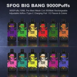 Original SFOG Big Bang 9000 Puffs engångsvapsapparat Mesh-spole Förfylld 18 ml POD 12 Flavors Vape Disponible Puff 9000 E Cigarettinladdningsbar ånglåda för ånga