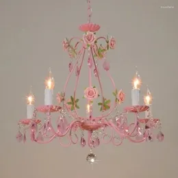 Pendant Lamps Pink Rose Wedding Light Iron Chandelier Garden Lighting Restaurant Bedroom Modern Crystal Lights LED Lampada