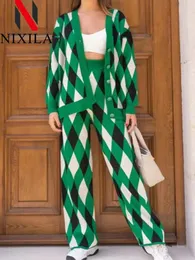 Pantaloni a due pezzi da donna in maglione con scollo a V 2 set Completo da donna Pantalone geometrico a rombo Set ampio e casual per i vestiti