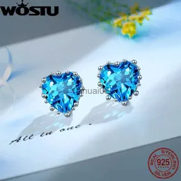 스터드 wostu Real 925 여성을위한 스터링 실버 바다 블루 하트 귀걸이 AAA 지르콘 귀 스터드 사랑스러운 웨딩 보석 선물 fne655 yq231026