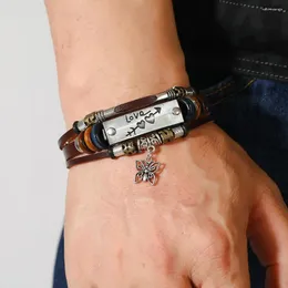 Braccialetti con ciondoli Bracciale in pelle nera con farfalla d'amore stile nazionale retrò per uomo inciso in acciaio inossidabile con perline semplici