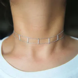 925 Sterling Silver Double Choker Micro Pave Cz Bar Choker Fashion Stain chain Women Ladies Gift Silver Choker Neclace278L