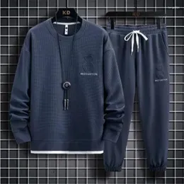 Herren-Trainingsanzüge, modische graue Kapuzenpullover mit Rundhalsausschnitt für Herren, Freizeitkleidung, Herbst, Steel Mark Waffle Lattice Paaranzug Athleisure