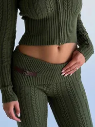 Zweiteilige Damen-Hosen TAOVK Sets Damen-Strick-Trainingsanzug mit langen Ärmeln und Reißverschluss, bauchfreies Oberteil mit Kapuze, Pullover, ausgestellte Anzüge, lässiges Strick-Outfit