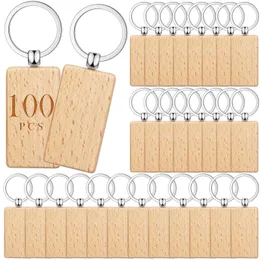 Keychains Lanyards 100 st tom Rectangle Wood Key Chain DIY Wood Keychains nyckeltaggar kan gravera DIY -gåvor 231025