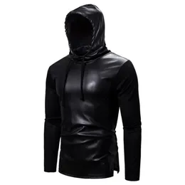 new autumn trade men's long sleeve patchwork leather T-shirt hooded boy fashionable t shirt black color227o