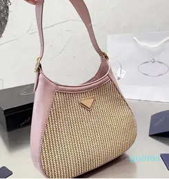 Crossbody Bucket Bag Shoulder Tote Bag Women Straw Handbag Purse Plain Triangle Hardware Fashion Letters Adjustable Belt Strap Large Capacity Travel