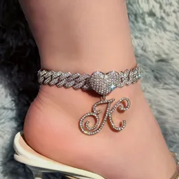 Anklets A Z Cursive Letter Initial Heart Cuban For Women Hip Hop Bling Chain Anklet Bracelet Foot Jewelry 231025
