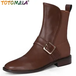 Botas TOTOMELA Llegan Tacones bajos cuadrados Zapatos de vestir Retro Otoño Invierno Tobillo Cuero genuino Mujeres 231026