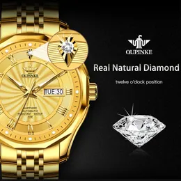 Relógios de pulso Oupinke relógio para homens ouro luxo automático mecânico real diamante safira cristal 50m à prova d 'água dia data pulseira presente 231025