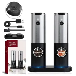 Mills Electric Salt Grinder Set USB Rechargeable Pepper Mill With LED Light Adjustable Coarseness Kitchen Tools 231026