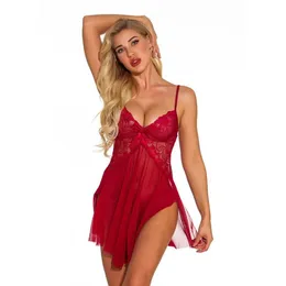 Feminino sexy macio meia-noite divisão lateral renda e malha chemise babydoll com g-string cintas de espaguete sleepwear vestido lingerie conjunto S-329N