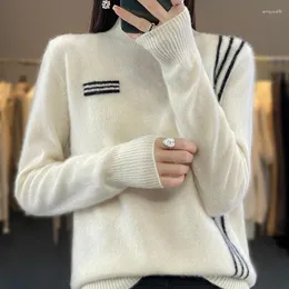 Kobiety swetry Beliarst Autumn Winter 2023 Half High Collar Merino Wool Wool Sweter Knit Pullover Stripe Fałsz kieszeni długi rękaw