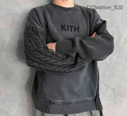 Kith Hoodie definess jesienne i zimowe batik batik z umytym sweter okrągły szyja pullover męskie bluzy zagęszczone ciepłe spw0