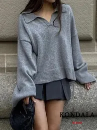 Damenpullover KONDALA Chic Solid Grau Lang Flare Sleeve Frauen Pullover Mode 2023 Winter Stadt-Down-Kragen Übergroße Pullover Vintage