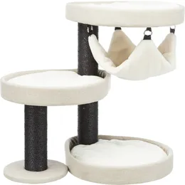 Gato Vidor Cream Designer com dois postes para arranhar, rede de quatro cantos, três plataformas com bordas elevadas, três almofadas removíveis