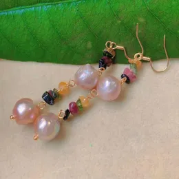 Dangle Earrings 10-11mm Natural Baroque Pink Pearl Tourmaline Gold Ear Hook Mother's Day Thanksgiving Freshwater Year Lucky Jewelry