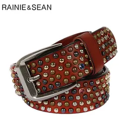 벨트 Rainie Sean Real Leather Belt Men Pin Buckle Brown Italian Genuine Cowhide 다이아몬드 고품질 남성 YQ231026