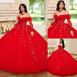 Red Ball Gown Beaded Lace Quinceanera Dresses Appliqued Prom Gowns With Long Sleeves Off The Shoulder Neckline Tulle Sweet 15 Masquerade Dress