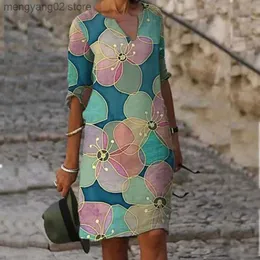 فساتين أساسية غير رسمية لباس الصيف للنساء ملابس غير رسمية طباعة الأزهار رخيصة 2023 MIDI خمر نصف الأكمام VETERSIDOS DE MUJER V-NECT Dresses T231026