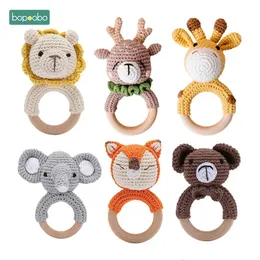 Mobiles# Bopoobo 1pc Baby Rattles Crochet Bunny Rattle Toy Wood Ring Teether Rodent Gym Mobile born Educational Toys 231026