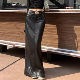 Kjolar 2023 sexig svart rygg slits pu läder blyerts kjol med bälte kvinnor paket höfter maxi lång